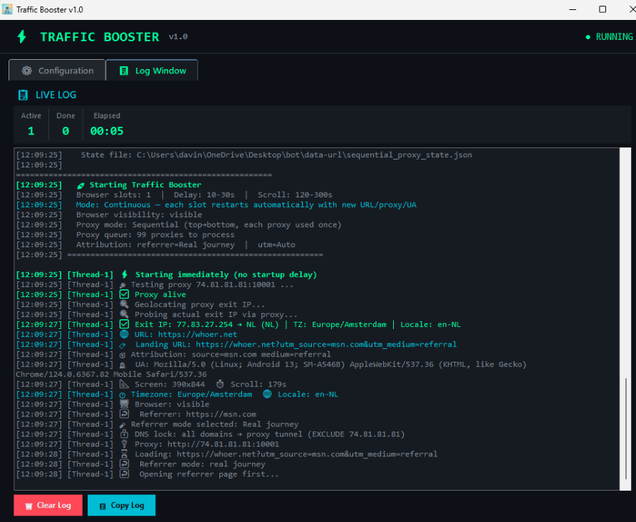 Traffic Booster live log preview